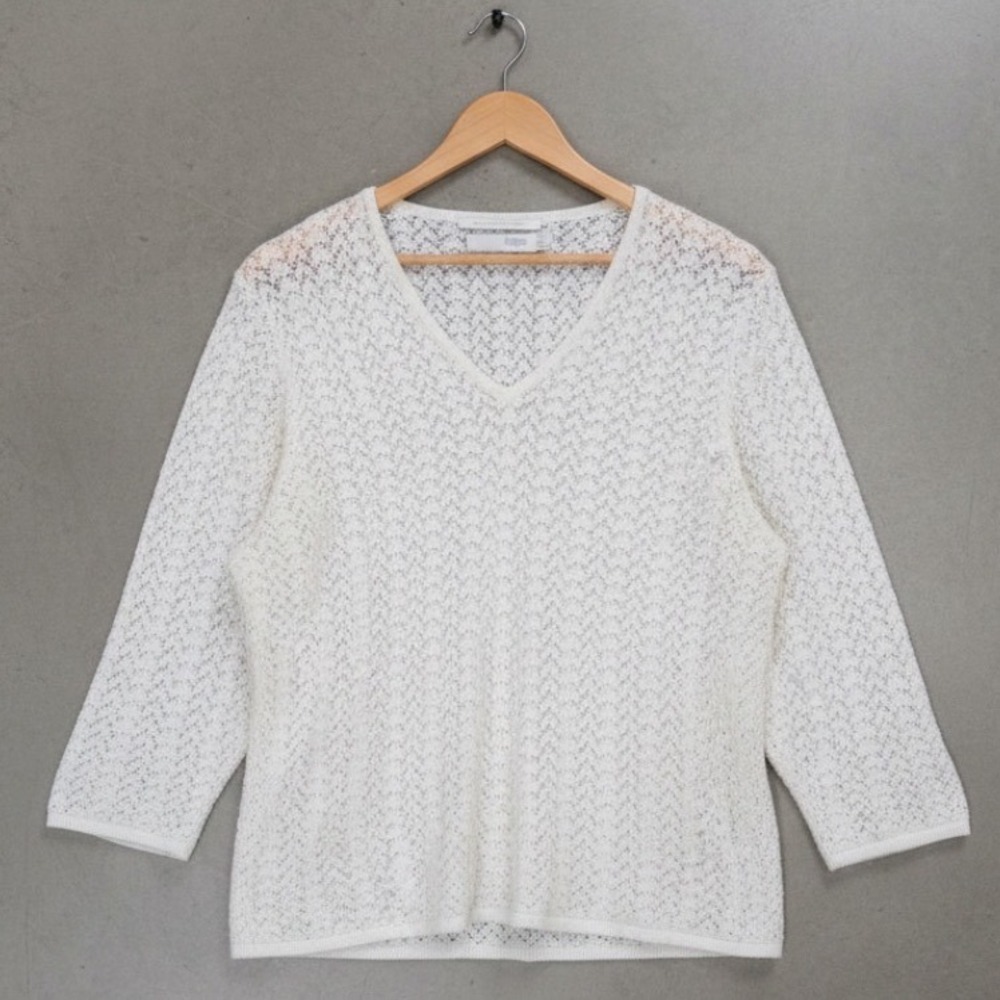 Vintage i.magnin Cashmere Sweater  Beaded Pointelle Knit‎ Cream size Large